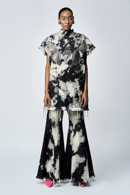 Shahin Mannan_Grey Denim Embroidery High Neck Heart Wings Top _Online_at_Aza_Fashions