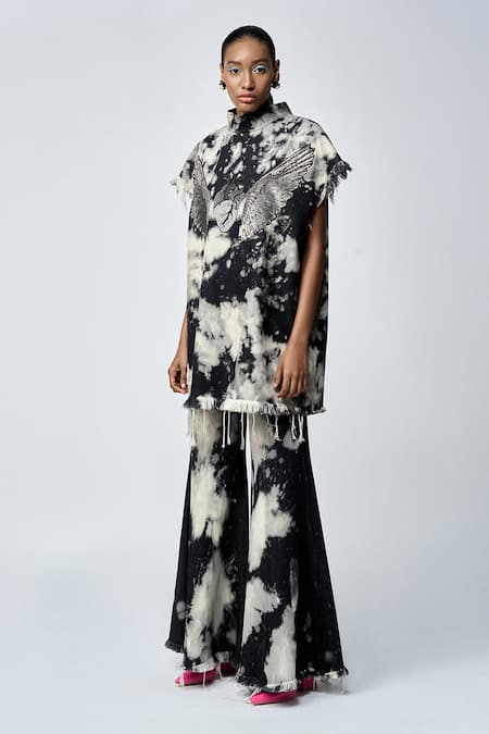 Buy_Shahin Mannan_Grey Denim Embroidery High Neck Heart Wings Top _Online_at_Aza_Fashions