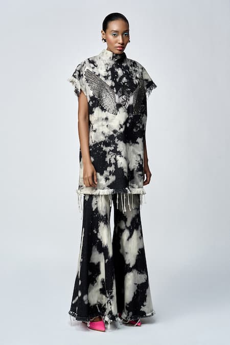 Shop_Shahin Mannan_Grey Denim Embroidery High Neck Heart Wings Top _Online_at_Aza_Fashions