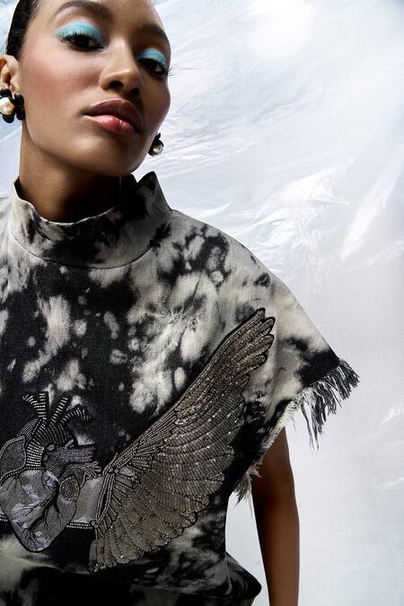 Shahin Mannan_Grey Denim Embroidery High Neck Heart Wings Top _at_Aza_Fashions
