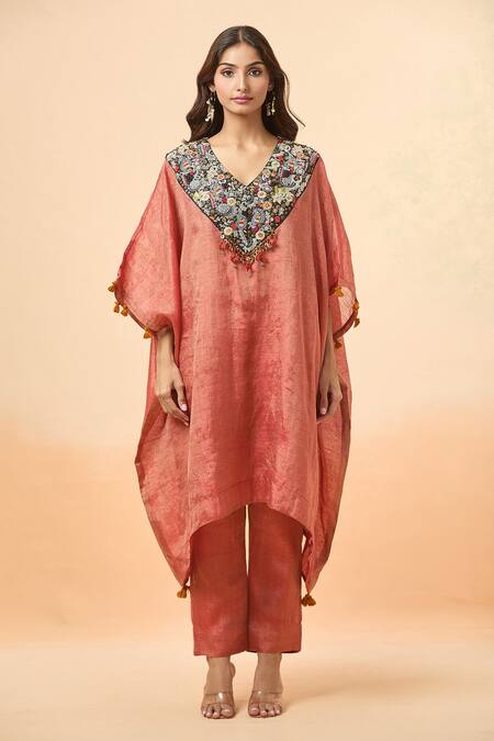 Buy_Divya Kanakia_Orange V-neck Embroidered Kaftan And Pant Set _Online_at_Aza_Fashions