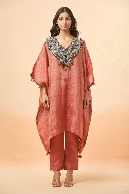 Shop_Divya Kanakia_Orange V-neck Embroidered Kaftan And Pant Set _Online_at_Aza_Fashions