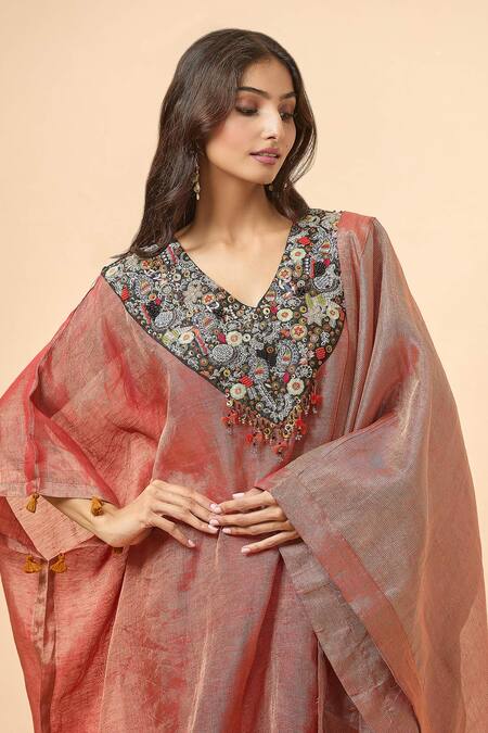 Divya Kanakia_Orange V-neck Embroidered Kaftan And Pant Set _at_Aza_Fashions