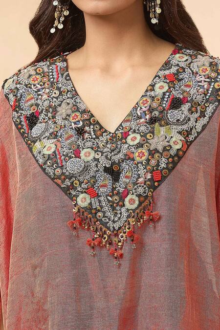 Buy_Divya Kanakia_Orange V-neck Embroidered Kaftan And Pant Set 