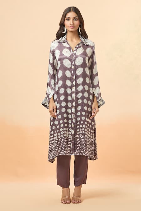Divya Kanakia Purple Modal, Satin Sequins, Beads Collared Bandhej Woven Shirt Kurta And Pant Set Online at Aza Fashions Divya Kanakia_Purple Modal, Satin Sequins, Beads Collared Bandhej Woven Shirt Kurta And Pant Set _Online_at_Aza_Fashions