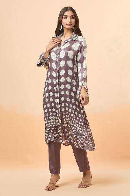 Buy Divya Kanakia Purple Modal, Satin Sequins, Beads Collared Bandhej Woven Shirt Kurta And Pant Set Online at Aza Fashions Buy_Divya Kanakia_Purple Modal, Satin Sequins, Beads Collared Bandhej Woven Shirt Kurta And Pant Set _Online_at_Aza_Fashions