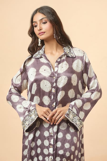 Shop Divya Kanakia Purple Modal, Satin Sequins, Beads Collared Bandhej Woven Shirt Kurta And Pant Set Online at Aza Fashions Shop_Divya Kanakia_Purple Modal, Satin Sequins, Beads Collared Bandhej Woven Shirt Kurta And Pant Set _Online_at_Aza_Fashions