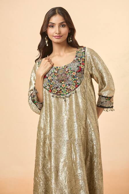 Shop_Divya Kanakia_Silver Linen Embroidery Round Neck Resham Yoke Kaftan And Pant Set _Online_at_Aza_Fashions