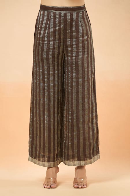 Divya Kanakia_Brown Linen Mandarin Collar Stripe Woven Kurta And Flared Pant Set _at_Aza_Fashions