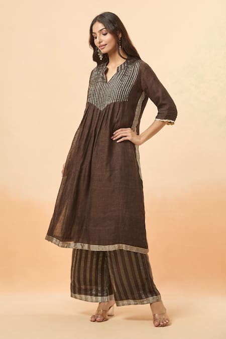Buy_Divya Kanakia_Brown Linen Mandarin Collar Stripe Woven Kurta And Flared Pant Set 