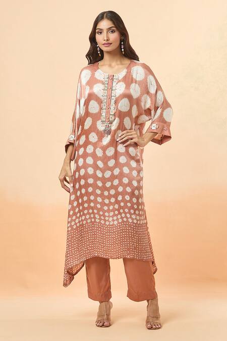 Shop Divya Kanakia Orange Modal, Satin Beads, Sequins Round Neck Bandhej Woven Kurta And Pant Set Online at Aza Fashions Shop_Divya Kanakia_Orange Modal, Satin Beads, Sequins Round Neck Bandhej Woven Kurta And Pant Set _Online_at_Aza_Fashions