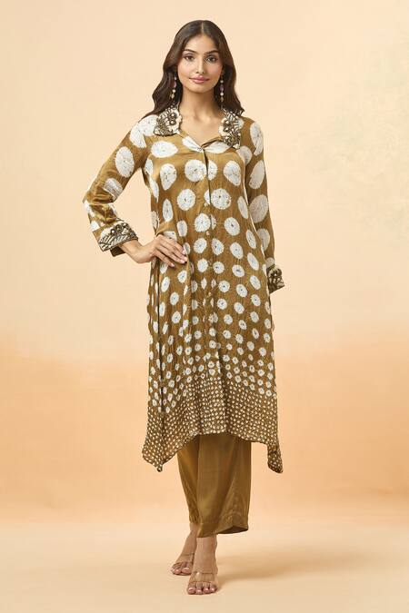 Divya Kanakia Green Modal, Satin Sequins, Beads Collared Bandhani Woven Shirt Kurta And Pant Set at Aza Fashions Divya Kanakia_Green Modal, Satin Sequins, Beads Collared Bandhani Woven Shirt Kurta And Pant Set _at_Aza_Fashions