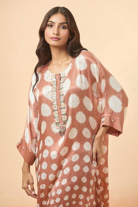 Divya Kanakia Orange Modal, Satin Beads, Sequins Round Neck Bandhej Woven Kurta And Pant Set at Aza Fashions Divya Kanakia_Orange Modal, Satin Beads, Sequins Round Neck Bandhej Woven Kurta And Pant Set _at_Aza_Fashions