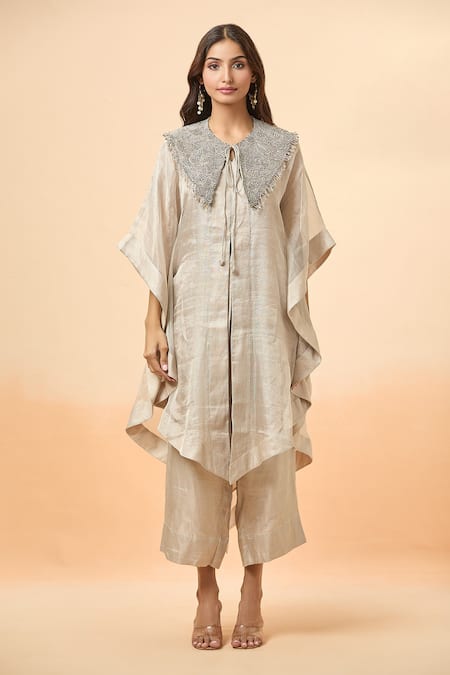 Divya Kanakia_Silver Linen Beads, Zari, Tassels V-neck Asymmetric Kaftan And Pant Set _at_Aza_Fashions