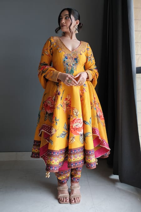 Irrau By Samir Mantri Multi Color Organza, Denim Embroidery V-neck Vintage Floral Print Anarkali Set at Aza Fashions Irrau By Samir Mantri_Multi Color Organza, Denim Embroidery V-neck Vintage Floral Print Anarkali Set _at_Aza_Fashions