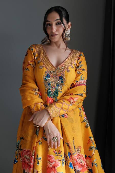 Shop Irrau By Samir Mantri Multi Color Organza, Denim Embroidery V-neck Vintage Floral Print Anarkali Set Shop_Irrau By Samir Mantri_Multi Color Organza, Denim Embroidery V-neck Vintage Floral Print Anarkali Set