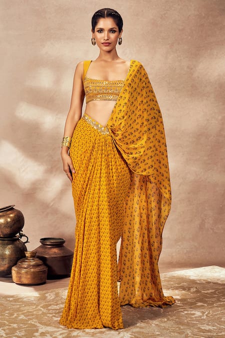 Masaba Yellow Pre-stitched Saree Georgette Embroidered Pixie Dust Print With Blouse 