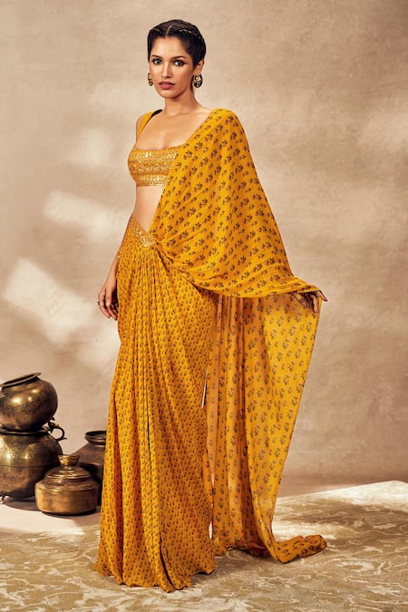 Masaba Yellow Silk, Georgette Pixie Dust Print Pre-stitched Saree With Blouse Online at Aza Fashions Masaba_Yellow Silk, Georgette Pixie Dust Print Pre-stitched Saree With Blouse_Online_at_Aza_Fashions