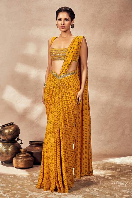 Buy Masaba Yellow Silk, Georgette Pixie Dust Print Pre-stitched Saree With Blouse Online at Aza Fashions Buy_Masaba_Yellow Silk, Georgette Pixie Dust Print Pre-stitched Saree With Blouse_Online_at_Aza_Fashions