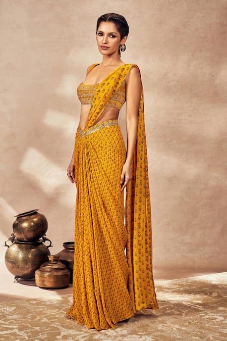 Shop Masaba Yellow Silk, Georgette Pixie Dust Print Pre-stitched Saree With Blouse Online at Aza Fashions Shop_Masaba_Yellow Silk, Georgette Pixie Dust Print Pre-stitched Saree With Blouse_Online_at_Aza_Fashions