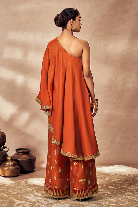 Shop Masaba Red Silk Sequins, Embroidery One Shoulder Potters Touch Tunic And Pant Set at Aza Fashions Shop_Masaba_Red Silk Sequins, Embroidery One Shoulder Potters Touch Tunic And Pant Set_at_Aza_Fashions