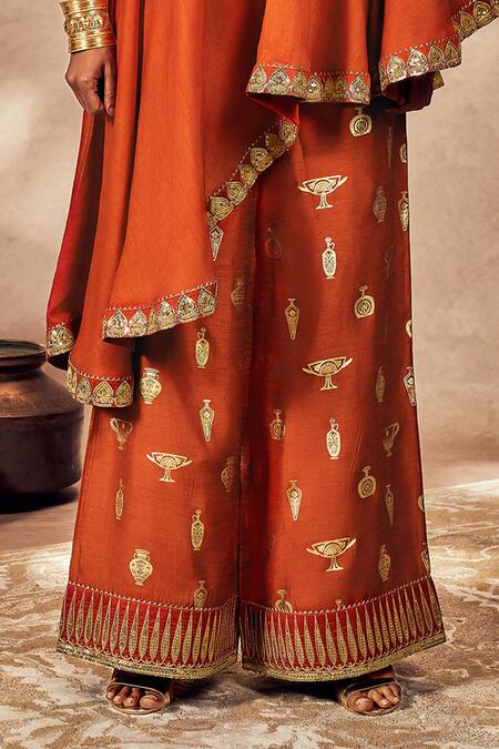 Masaba Red Silk Sequins, Embroidery One Shoulder Potters Touch Tunic And Pant Set Online at Aza Fashions Masaba_Red Silk Sequins, Embroidery One Shoulder Potters Touch Tunic And Pant Set_Online_at_Aza_Fashions
