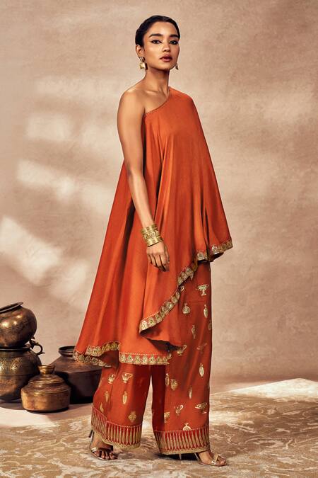 Buy Masaba Red Silk Sequins, Embroidery One Shoulder Potters Touch Tunic And Pant Set Online at Aza Fashions Buy_Masaba_Red Silk Sequins, Embroidery One Shoulder Potters Touch Tunic And Pant Set_Online_at_Aza_Fashions