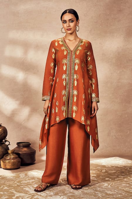 Masaba Red Raw Silk Printed Palm V Neck Travellers Foil Tunic And Pant Set 