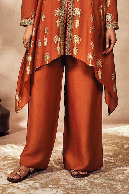 Masaba_Red Silk Foil Printing, Embroidery V-neck Travellers Palm Tunic And Pant Set _Online_at_Aza_Fashions