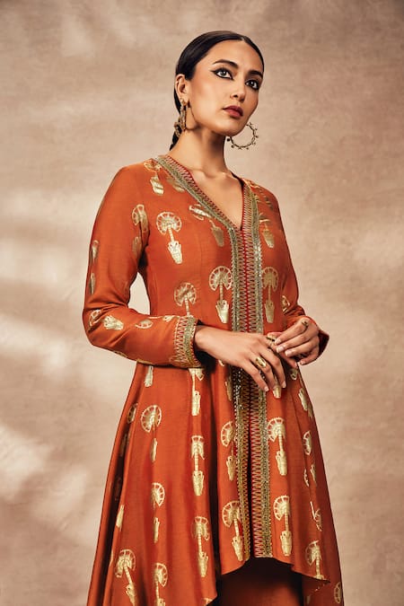 Buy_Masaba_Red Silk Foil Printing, Embroidery V-neck Travellers Palm Tunic And Pant Set _Online_at_Aza_Fashions