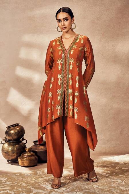 Shop_Masaba_Red Silk Foil Printing, Embroidery V-neck Travellers Palm Tunic And Pant Set _Online_at_Aza_Fashions