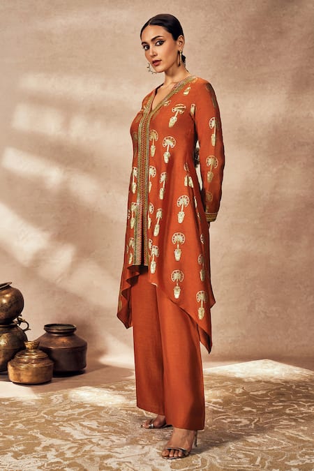 Masaba_Red Silk Foil Printing, Embroidery V-neck Travellers Palm Tunic And Pant Set _at_Aza_Fashions