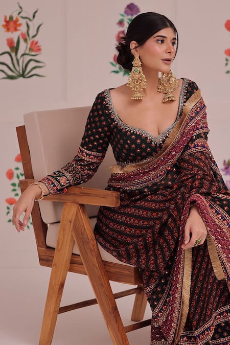 Irrau By Samir Mantri_Multi Color Georgette Beads, Cut Work Panchali Floral Print Saree _at_Aza_Fashions