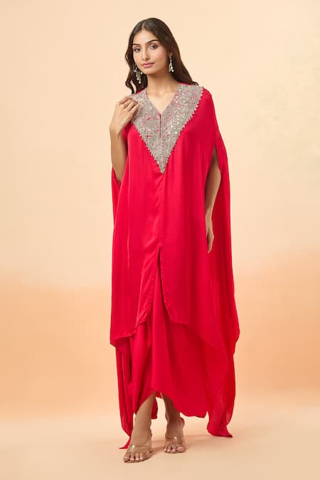 Divya Kanakia_Red Modal, Satin, Silk Zari, Beads, Zardozi Embroidered Kaftan And Dhoti Skirt Set _Online_at_Aza_Fashions