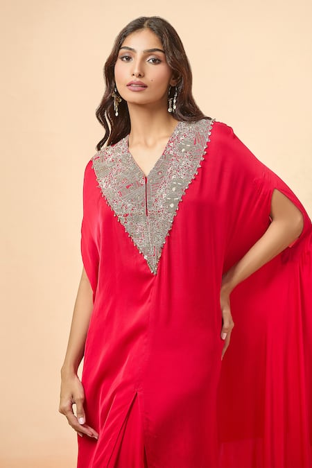 Buy_Divya Kanakia_Red Modal, Satin, Silk Zari, Beads, Zardozi Embroidered Kaftan And Dhoti Skirt Set _Online_at_Aza_Fashions