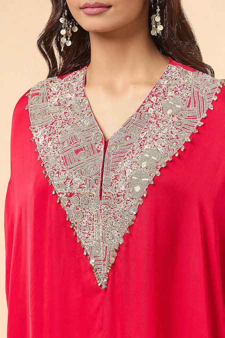 Shop_Divya Kanakia_Red Modal, Satin, Silk Zari, Beads, Zardozi Embroidered Kaftan And Dhoti Skirt Set _Online_at_Aza_Fashions
