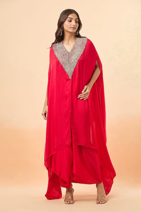 Buy_Divya Kanakia_Red Modal, Satin, Silk Zari, Beads, Zardozi Embroidered Kaftan And Dhoti Skirt Set 