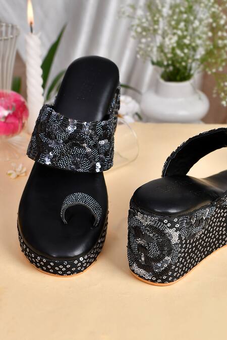 Shop_LA Fiza_Black Embroidery Aizah Bead Wedges_Online_at_Aza_Fashions