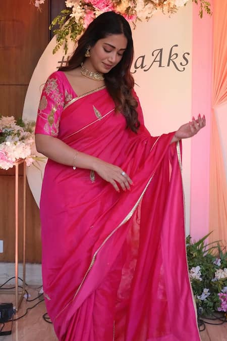 Buy_Label Earthen_Pink Silk Zari Zariphool Rani Zardozi Embroidered Saree _Online_at_Aza_Fashions