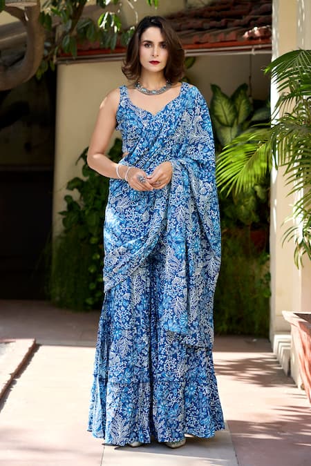 BAARO MASI Blue Muslin Print Floral Paan Neck Alisha Pre-draped Sharara Saree With Blouse 