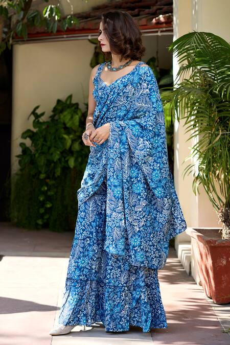 Baaro Masi Blue Muslin Embroidery Alisha Floral Print Pre-draped Sharara Saree With Blouse Online at Aza Fashions Baaro Masi_Blue Muslin Embroidery Alisha Floral Print Pre-draped Sharara Saree With Blouse_Online_at_Aza_Fashions