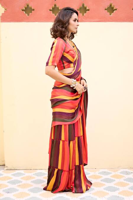 Baaro Masi Multi Color Modal, Satin V-neck Shabnam Pre-draped Saree With Blouse Online at Aza Fashions Baaro Masi_Multi Color Modal, Satin V-neck Shabnam Pre-draped Saree With Blouse _Online_at_Aza_Fashions