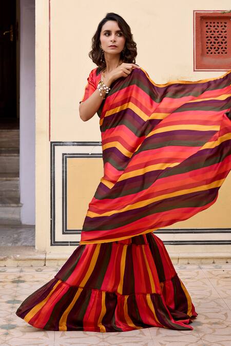 Shop Baaro Masi Multi Color Modal, Satin V-neck Shabnam Pre-draped Saree With Blouse Online at Aza Fashions Shop_Baaro Masi_Multi Color Modal, Satin V-neck Shabnam Pre-draped Saree With Blouse _Online_at_Aza_Fashions