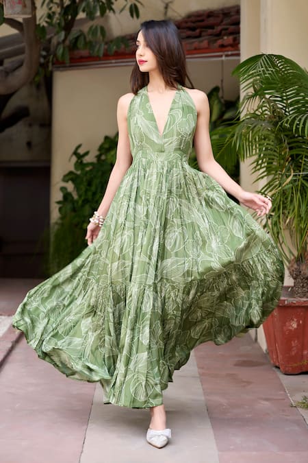 Baaro Masi_Green Crepe Halter Neck Ruby Floral Print Dress _Online_at_Aza_Fashions