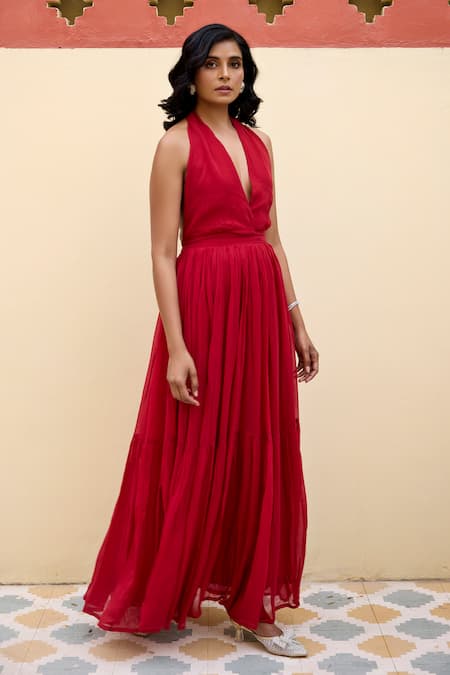 Baaro Masi_Red Georgette Halter Neck Natasha Maxi Dress _Online_at_Aza_Fashions