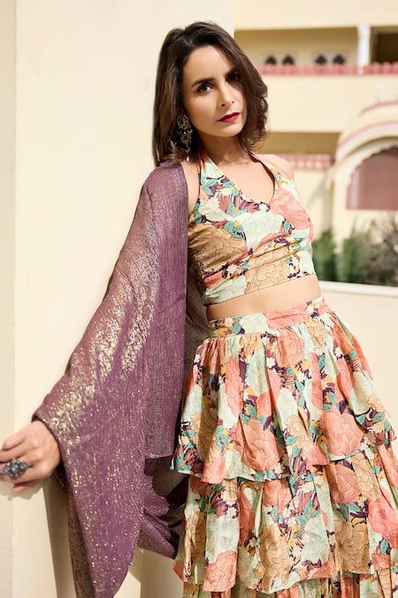 Baaro Masi_Multi Color Crepe, Lurex Embroidery Soniya Layered Floral Print Lehenga Set _Online_at_Aza_Fashions