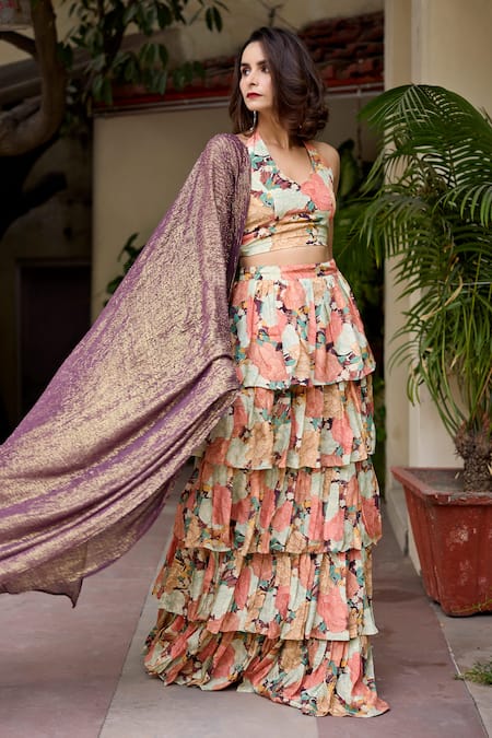 Buy_Baaro Masi_Multi Color Crepe, Lurex Embroidery Soniya Layered Floral Print Lehenga Set _Online_at_Aza_Fashions