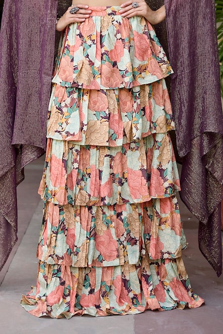 Shop_Baaro Masi_Multi Color Crepe, Lurex Embroidery Soniya Layered Floral Print Lehenga Set _Online_at_Aza_Fashions