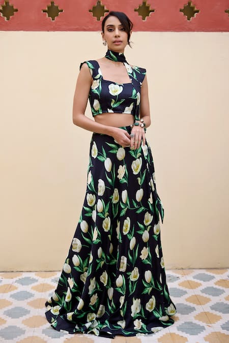 Baaro Masi_Black Modal, Satin Square Neck Tina Floral Print Lehenga Set _Online_at_Aza_Fashions