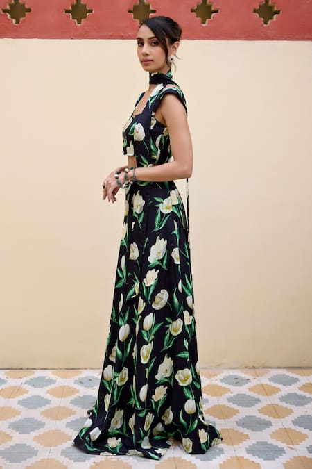 Shop_Baaro Masi_Black Modal, Satin Square Neck Tina Floral Print Lehenga Set _Online_at_Aza_Fashions